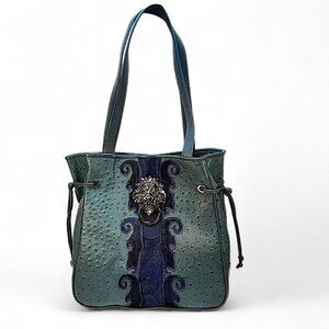 Sharif Lions Gate Knocker Teal Indigo Leather & Navy Hair Calf Embossing Bag